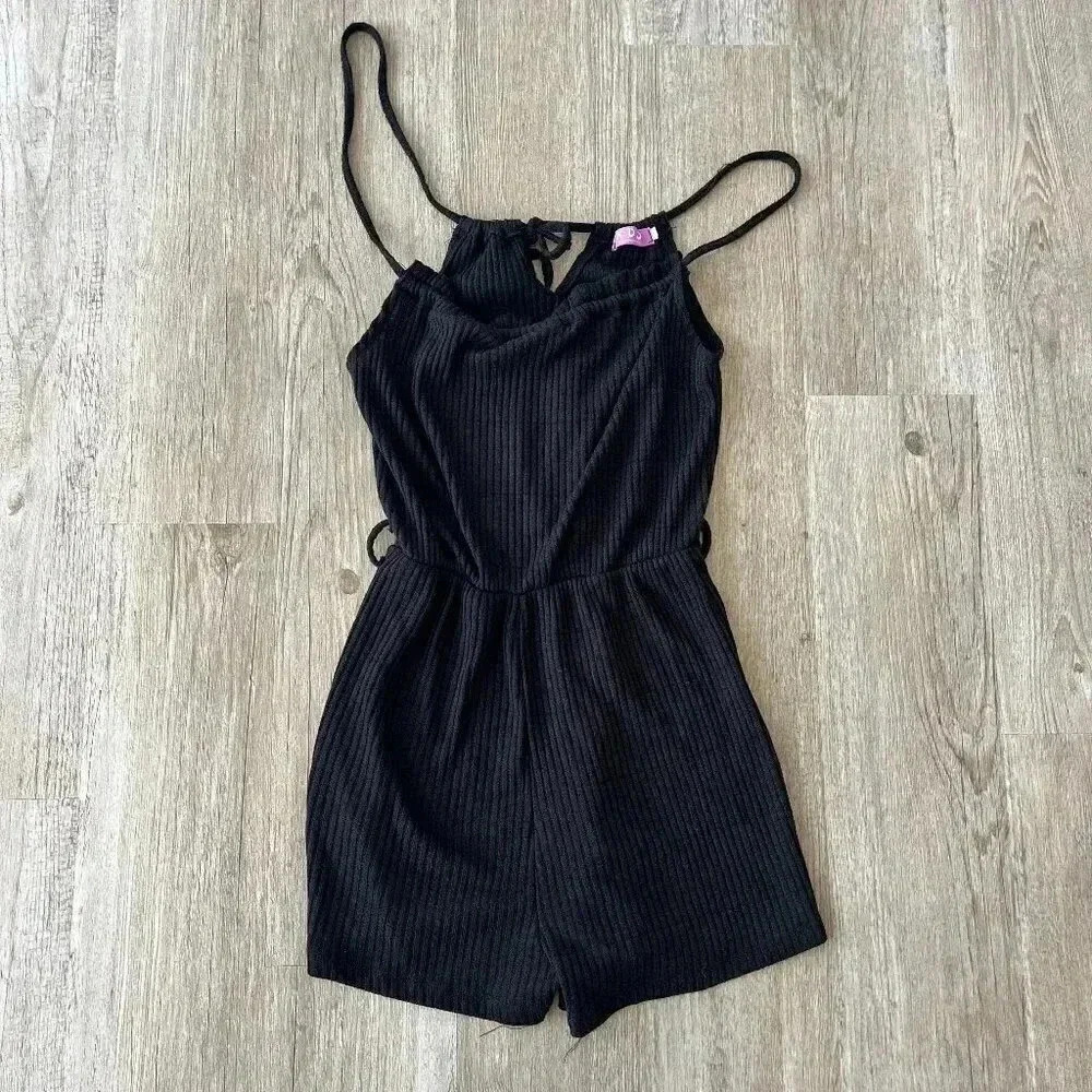 Black Ribbed Spaghetti-Strap Romper